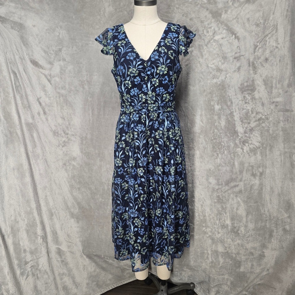 Kensie Blue Floral Embroidered Mesh Midi Dress Flutter Sleeve Womens 8 Whimsical